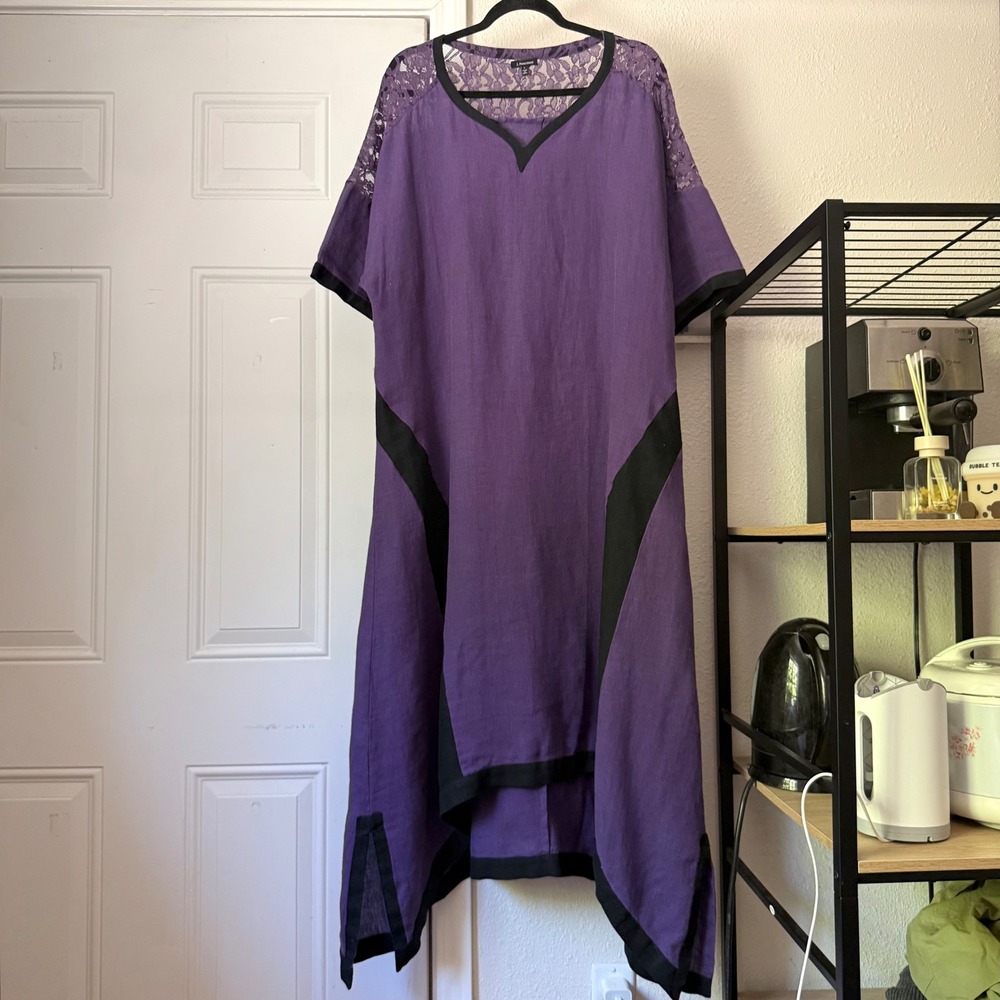 J. PETERMAN purple black contrast lace short sleeve lagenlook midi maxi dress